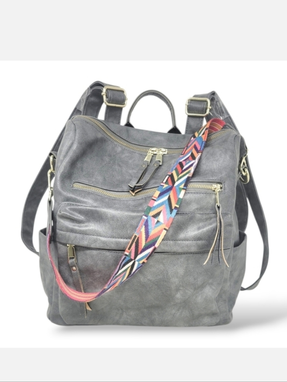 Grey Convertible Backpack Purse with reversible strap